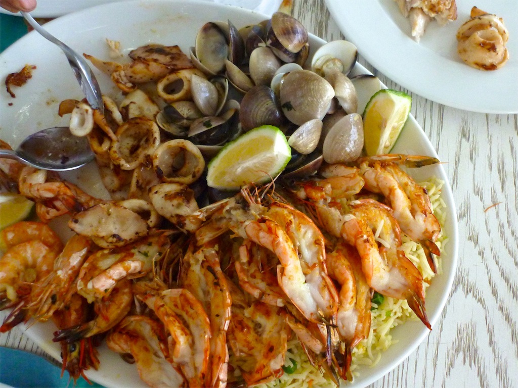 Mozambican cuisine: prawns, clams and calamari. 